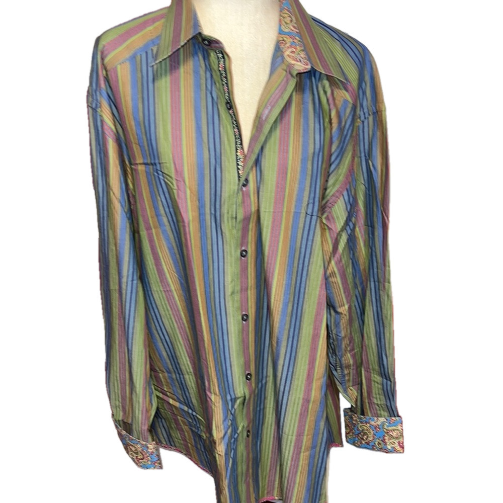 Robert Graham Blue and Green Casual Button Down Shirt Vibrant Stripes 3XL